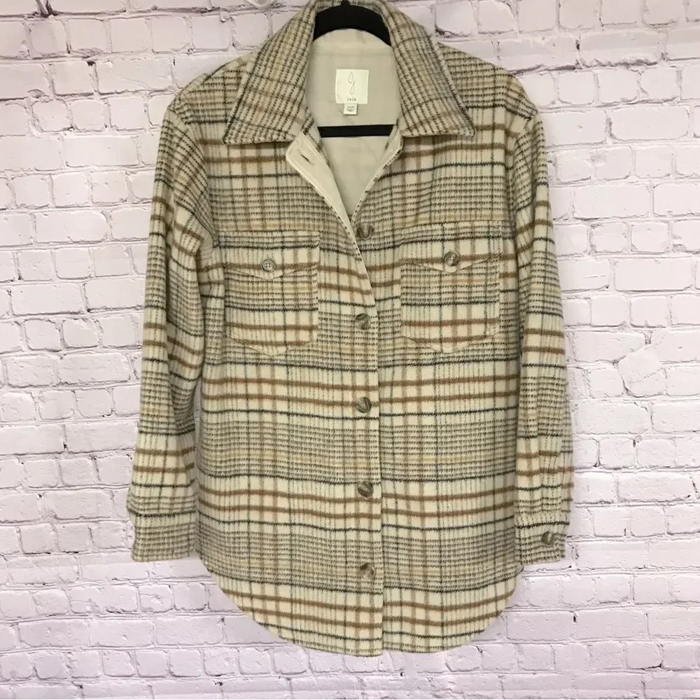 NWOT JOIE Oversized Neutral Plaid Button Up Casual Wool Blend Jacket Shacket M